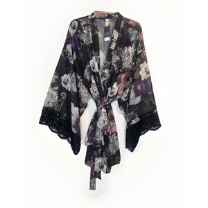 Cacique Womens Robe Tie Waist Black Pink Floral Kimono Lace Sleeves Sz 18/20 NEW